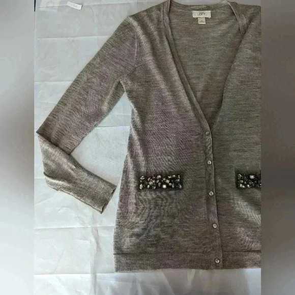 Ann Taylor Loft Tan Knit Jewel Embellished Cardigan Sweater Size Small Button - Picture 7 of 14